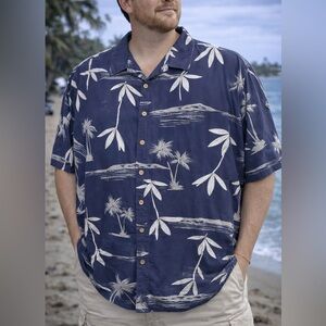 Favant 3XL Hawaiian Shirt Mens Navy Blue White Palm Tree Scenic Cotton Aloha